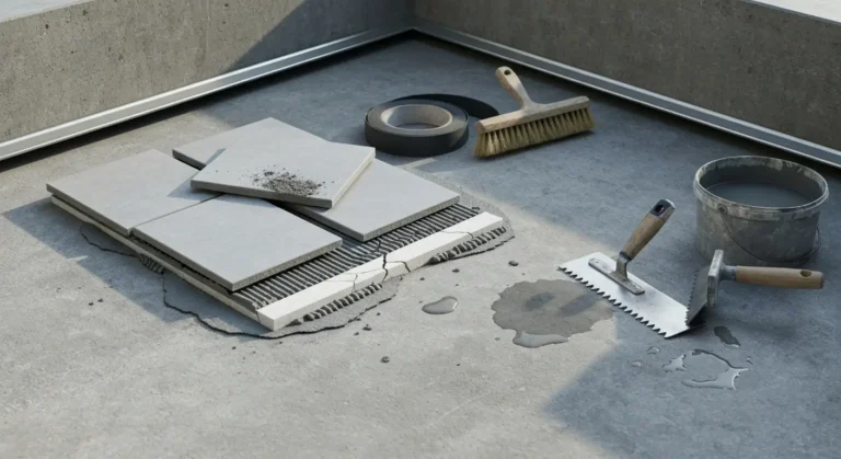Odspojone plytki na betonowej plycie balkonu obok tasmy uszczelniajacej, packi zebatej i wiaderka z hydroizolacja