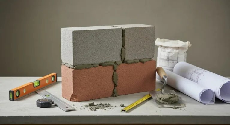 Fragment muru z pustakow ceramicznych z nierownymi spoinami, obok poziomica, kielnia i zwiniety projekt