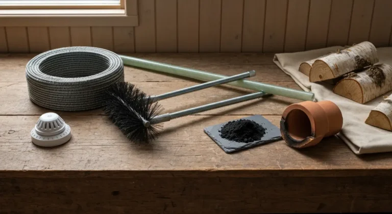 Martwa natura z narzedziami kominiarskimi - szczotka, zerdzie, sadza, ceramiczny wklad kominowy i czujnik tlenku wegla n