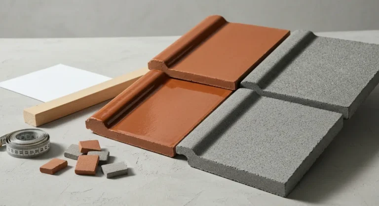 Dachowka ceramiczna i betonowa lezace obok siebie na jasnym blacie, obok gasior, miarka, lata i probki materialow