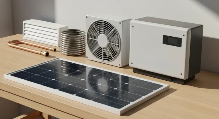 Panel fotowoltaiczny, element pompy ciepla, grzalka elektryczna i kratka klimatyzatora na drewnianym blacie