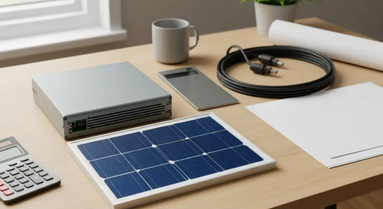Panel fotowoltaiczny, falownik i zwinięty przewód solarny na jasnym drewnianym biurku obok rolki rysunku dachu