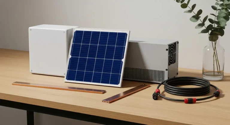 Panel fotowoltaiczny, modul magazynu energii i falownik hybrydowy z kablami na jasnym drewnianym blacie w naturalnym swi