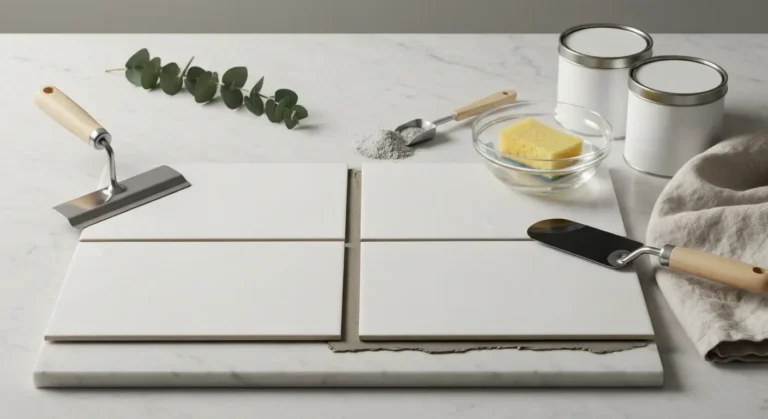 Plytki ceramiczne ze spoinami z fugi cementowej i epoksydowej obok pacy, gabki i miski z woda