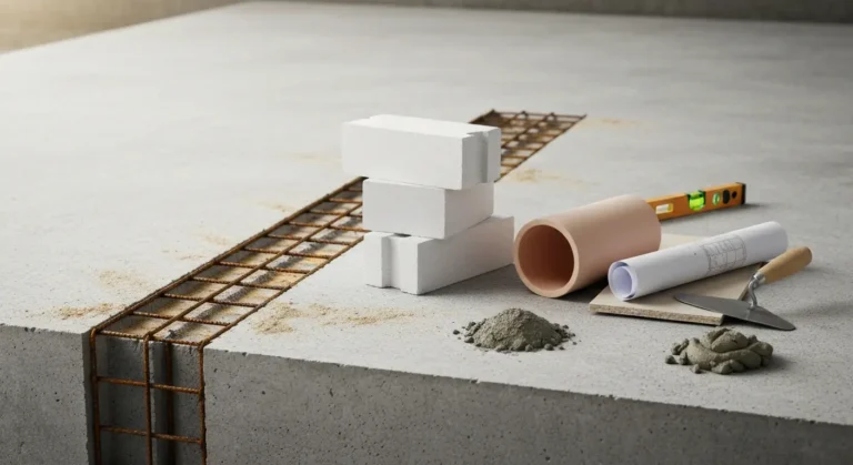 Martwa natura budowlana - przekrój zbrojonej ławy fundamentowej, bloczki silikatowe i z betonu komórkowego, ceramiczny w
