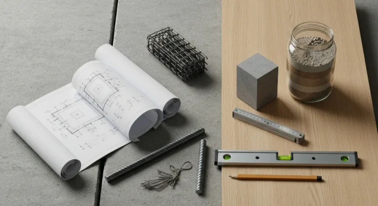 Zwinięty rysunek fundamentów, pręty zbrojeniowe, próbka betonu i słoik z warstwami gruntu na betonowym blacie