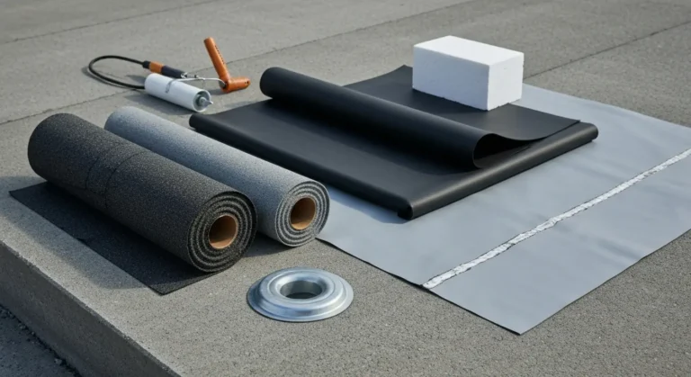 Probki hydroizolacji dachu plaskiego - rolka papy SBS, czarna membrana EPDM, szara membrana PVC, wpust dachowy i walek d