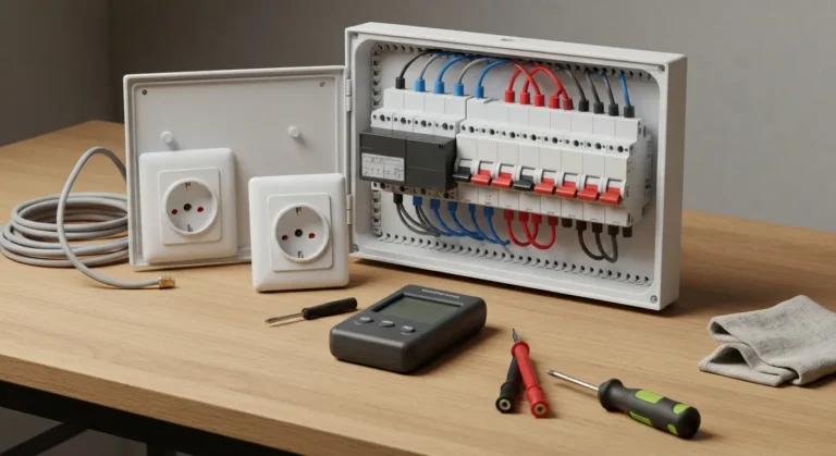 Otwarta rozdzielnica elektryczna z wylacznikami, gniazdko i miernik na drewnianym blacie