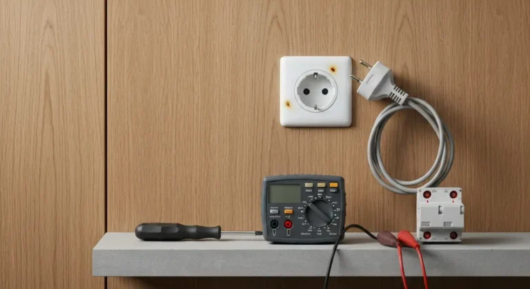 Biale gniazdko elektryczne z osmalonym sladem, obok wtyczka, izolowany srubokret, miernik i wylacznik roznicowopradowy