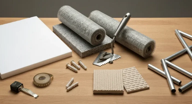 Materialy do ocieplenia elewacji na drewnianym blacie - styropian, welna mineralna, siatka, paca i probka tynku