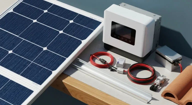 Panel fotowoltaiczny, falownik hybrydowy, modul baterii i zabezpieczenia elektryczne na jasnym betonowym blacie