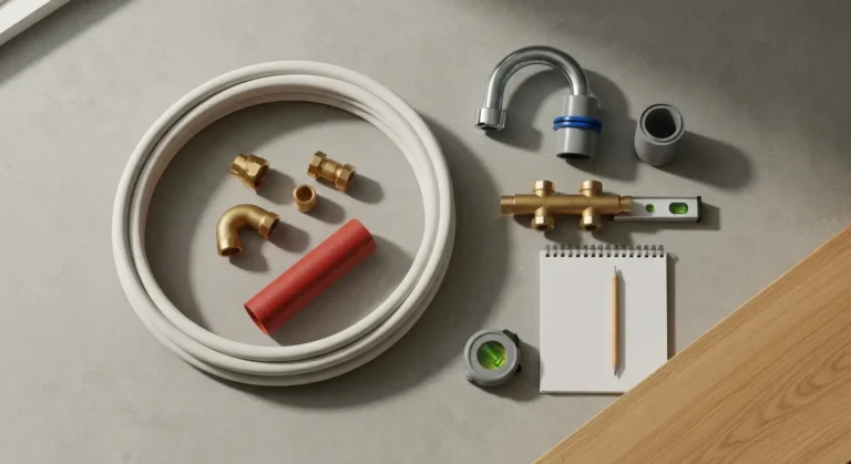 Flat lay materialow do instalacji wod-kan - rury PEX, mosiezne zlaczki, rozdzielacz i rura kanalizacyjna na jasnym beton