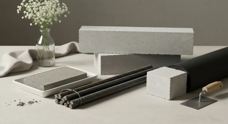 Beton, pręty zbrojeniowe, bloczki fundamentowe i hydroizolacja ułożone na jasnym blacie