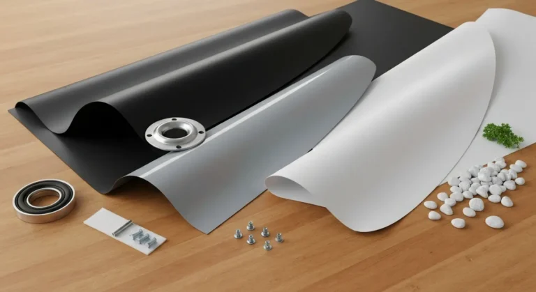 Próbki membran EPDM, PVC i TPO z wpustem dachowym oraz akcesoriami do dachu płaskiego