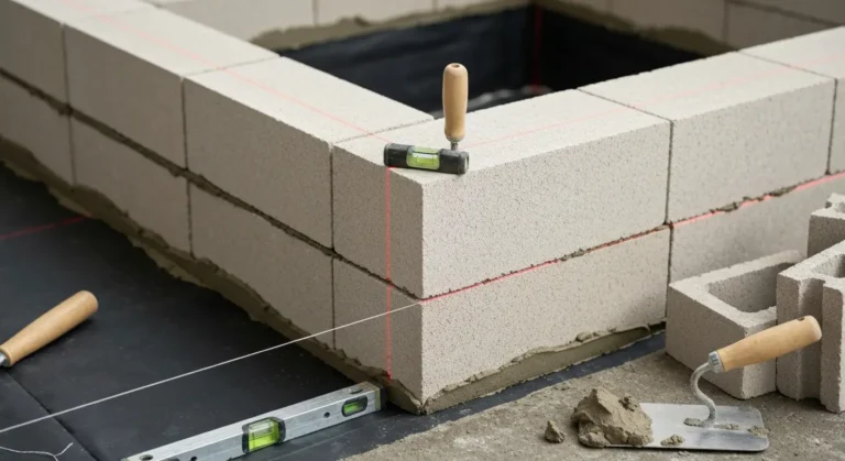 Pierwsza warstwa bloczków na fundamencie z poziomicą, sznurem murarskim i zaprawą