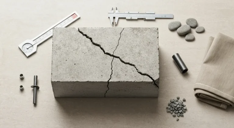 Pęknięty fragment betonowego fundamentu z miernikiem rys, portami iniekcyjnymi i próbką mikropala
