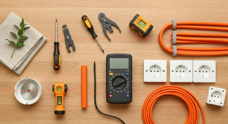 Narzędzia do instalacji elektrycznej - miernik, zaciskarka, przewody, puszki i gniazdka na drewnianym blacie