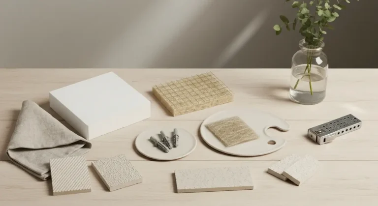 Próbki materiałów ETICS: styropian, wełna, siatka, kołki, narożnik i tynk na stole