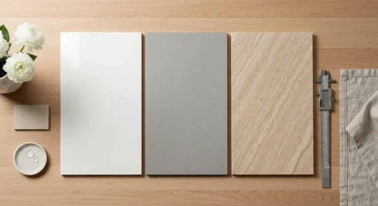 Porównanie próbki płytki ceramicznej, gresu i kamienia naturalnego na drewnianym blacie