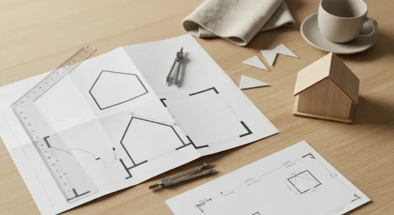 Plan domu, mapa strefy i model dachu ułożone na drewnianym biurku