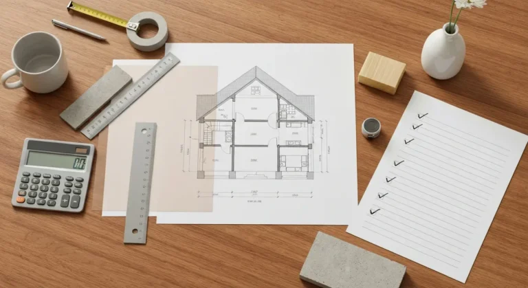 Rzut domu z próbkami materiałów, miarką i dokumentami do oceny projektu przed zakupem
