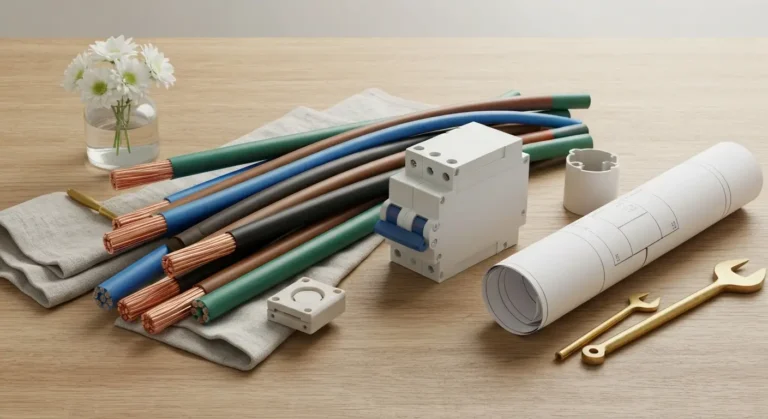 Przewody elektryczne o różnych kolorach izolacji, puszka i wyłącznik nadprądowy na drewnianym blacie