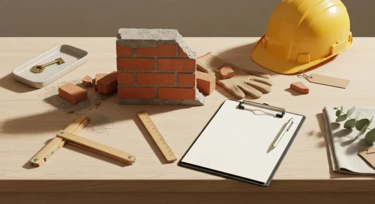 Miniaturowa rozbiórka ceglanej ściany z kaskiem, narzędziami i pustymi dokumentami
