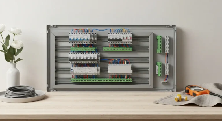 Otwarta rozdzielnica elektryczna z modułami DIN, zabezpieczeniami i uporządkowanym okablowaniem