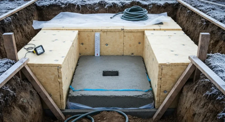 Zabezpieczony zimą wykop z ławą fundamentową przykrytą matami termoizolacyjnymi