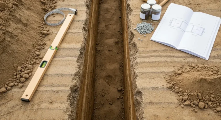 Wykop pod fundamenty z zabezpieczonymi skarpami, warstwami gruntu i żwirem drenażowym